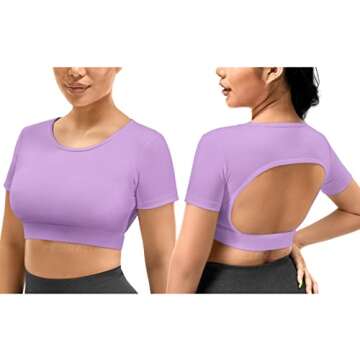 YEOREO Vanessa Women Tee Crop Tops with Removable Pad Workout Backless Gym Shirt Bra Going Out T Shirt Top Light Purple