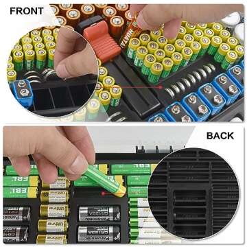 Battery Organizer Storage Holder Case with Double-Sided, Garage Box with Tester Checker. Batteries Container for 269pcs AA AAA AAAA 3A 4A 9V C D Lithium 4LR44 CR2 CR123A CR1632 CR2032 18650 - Black