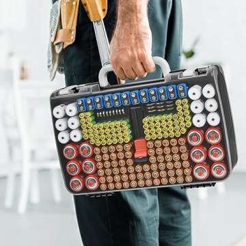 Battery Organizer Storage Holder Case with Double-Sided, Garage Box with Tester Checker. Batteries Container for 269pcs AA AAA AAAA 3A 4A 9V C D Lithium 4LR44 CR2 CR123A CR1632 CR2032 18650 - Black