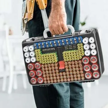 Battery Organizer Storage Holder Case with Double-Sided, Garage Box with Tester Checker. Batteries Container for 269pcs AA AAA AAAA 3A 4A 9V C D Lithium 4LR44 CR2 CR123A CR1632 CR2032 18650 - Black