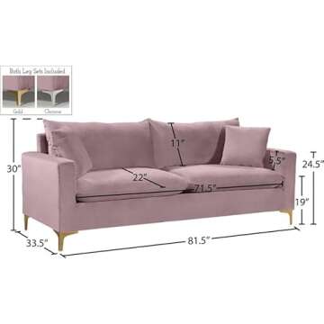Meridian Furniture Naomi Collection Modern | Contemporary Pink Velvet Upholstered Sofa with Stainless Steel Base in a Rich Gold Finish