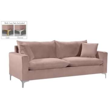 Meridian Furniture Naomi Collection Modern | Contemporary Pink Velvet Upholstered Sofa with Stainless Steel Base in a Rich Gold Finish