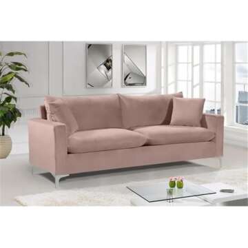 Meridian Furniture Naomi Collection Modern | Contemporary Pink Velvet Upholstered Sofa with Stainless Steel Base in a Rich Gold Finish