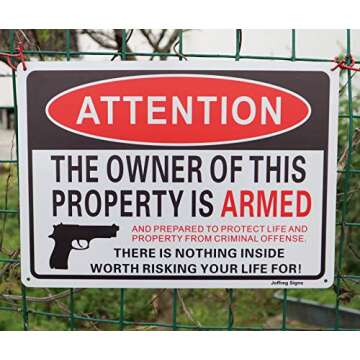 Joffreg Armed Property Sign - Reflective Aluminum Signs, 2 Pack, 14 x 10 Inches