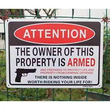 Joffreg Armed Property Sign - Reflective Aluminum Signs, 2 Pack, 14 x 10 Inches