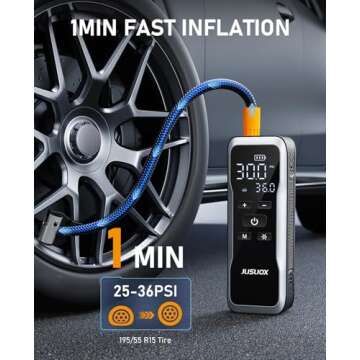 JUSUOX Tire Inflator Portable Air Compressor, Air Pump for Car Tires 150PSI Cordless Rechargeable Ba...
