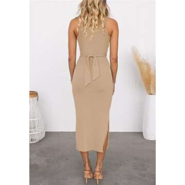 Women's Slit Tie Knot Cut Out Twist Side Split Hem Sleeveless Knit Bodycon Maxi Crew Neck Midi Dress Khaki