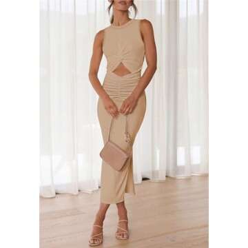 Women's Slit Tie Knot Cut Out Twist Side Split Hem Sleeveless Knit Bodycon Maxi Crew Neck Midi Dress Khaki