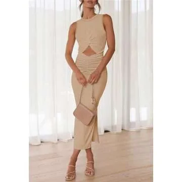 Women's Slit Tie Knot Cut Out Twist Side Split Hem Sleeveless Knit Bodycon Maxi Crew Neck Midi Dress Khaki