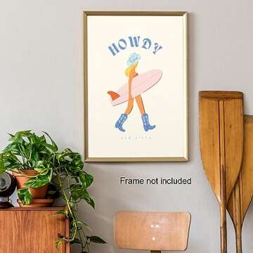 JDNWKBBS Funky Howdy Canvas Wall Art - Trendy Western Coastal Blonde Cowgirl Aesthetic Poster - Preppy Girly Surfer Pink Surfboard Print - Beach Cool Girl Wall Decor for Dorm Bedroom 12x16in Unframed