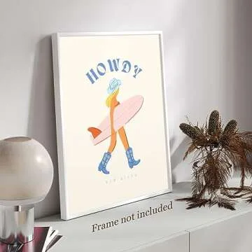 JDNWKBBS Funky Howdy Canvas Wall Art - Trendy Western Coastal Blonde Cowgirl Aesthetic Poster - Preppy Girly Surfer Pink Surfboard Print - Beach Cool Girl Wall Decor for Dorm Bedroom 12x16in Unframed