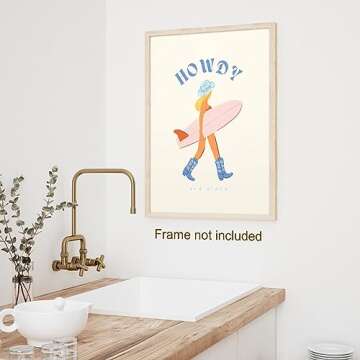 JDNWKBBS Funky Howdy Canvas Wall Art - Trendy Western Coastal Blonde Cowgirl Aesthetic Poster - Preppy Girly Surfer Pink Surfboard Print - Beach Cool Girl Wall Decor for Dorm Bedroom 12x16in Unframed