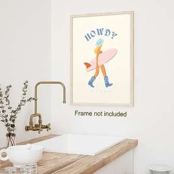 JDNWKBBS Funky Howdy Canvas Wall Art - Trendy Western Coastal Blonde Cowgirl Aesthetic Poster - Preppy Girly Surfer Pink Surfboard Print - Beach Cool Girl Wall Decor for Dorm Bedroom 12x16in Unframed