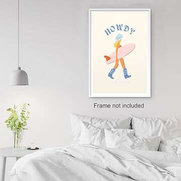 JDNWKBBS Funky Howdy Canvas Wall Art - Trendy Western Coastal Blonde Cowgirl Aesthetic Poster - Preppy Girly Surfer Pink Surfboard Print - Beach Cool Girl Wall Decor for Dorm Bedroom 12x16in Unframed