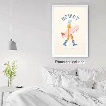 JDNWKBBS Funky Howdy Canvas Wall Art - Trendy Western Coastal Blonde Cowgirl Aesthetic Poster - Preppy Girly Surfer Pink Surfboard Print - Beach Cool Girl Wall Decor for Dorm Bedroom 12x16in Unframed