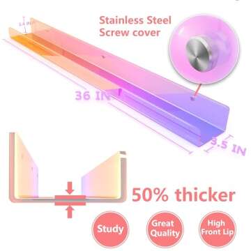RORKIM 36 inches Iridescent Acrylic Floating Shelf,Wall Mounted Kids Bookshelf, Display Book Shelves...
