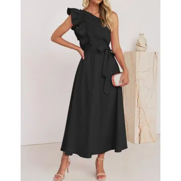ZESICA Summer One Shoulder Ruffle Maxi Dress for Women