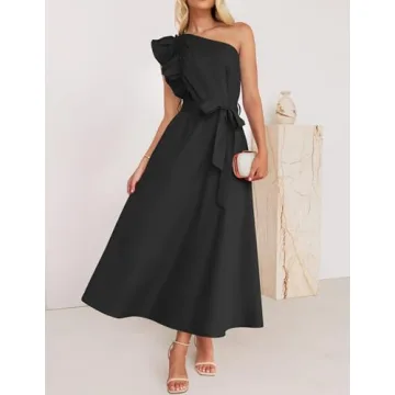 ZESICA Summer One Shoulder Ruffle Maxi Dress for Women