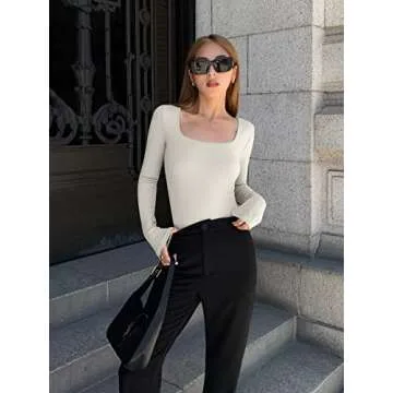 OQQ Women's 2 Piece Bodysuits Sexy Ribbed One Piece Square Neck Long Sleeve Tops Red Beige