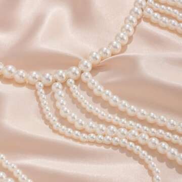 Xerling Faux Pearl Shoulder Harness Body Chain Fringe Tassels Bra Chain Body Jewelry Wedding Arm Chain for Women Girls Bikini Body Tassel (White)