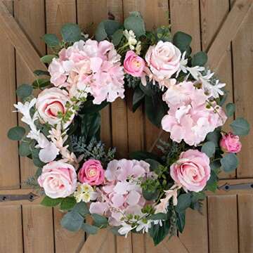 Bibelot Artificial White Rose Wreath 20 inches Front Door Wreath with Daisy Green Leaves Wreath Arti...