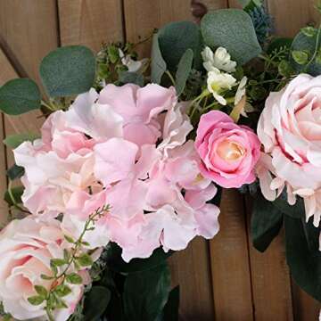 Bibelot Artificial White Rose Wreath 20 inches Front Door Wreath with Daisy Green Leaves Wreath Artificial Spring Wreath Valentines Mother's Day Wreath for Wall Wedding Party Home Decor