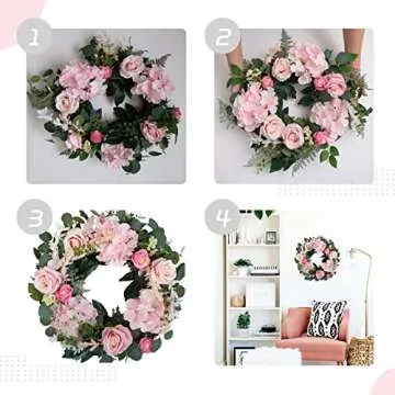 Bibelot Artificial White Rose Wreath 20 inches Front Door Wreath with Daisy Green Leaves Wreath Artificial Spring Wreath Valentines Mother's Day Wreath for Wall Wedding Party Home Decor