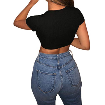 YMDUCH Women's Sexy Black Knitted Ribbed Crop Top