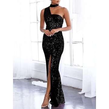 Cololura Women Sequin Elegant Sexy One Shoulder Oblique Collar High Split Mermaid Bodycon Cocktail E...