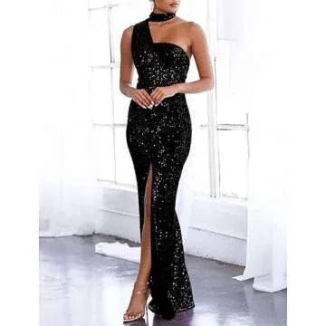 Cololura Women Sequin Elegant Sexy One Shoulder Oblique Collar High Split Mermaid Bodycon Cocktail E...