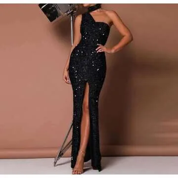 Cololura Women Sequin Elegant Sexy One Shoulder Oblique Collar High Split Mermaid Bodycon Cocktail Evening Formal Party Dress Gown