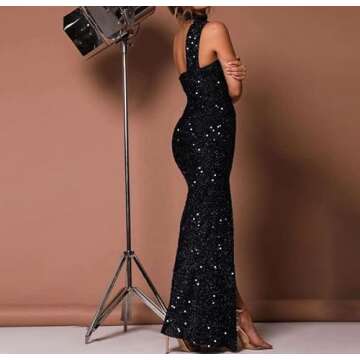 Cololura Women Sequin Elegant Sexy One Shoulder Oblique Collar High Split Mermaid Bodycon Cocktail Evening Formal Party Dress Gown