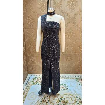 Cololura Women Sequin Elegant Sexy One Shoulder Oblique Collar High Split Mermaid Bodycon Cocktail Evening Formal Party Dress Gown