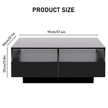 SUSSURRO LED Coffee Table with 4 Storage Sliding Drawers, High Glossy Modern Center Table with 20 Colors LED Lights for Living Room Bedroom,(Style-2 Black)