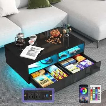SUSSURRO LED Coffee Table with 4 Storage Sliding Drawers, High Glossy Modern Center Table with 20 Colors LED Lights for Living Room Bedroom,(Style-2 Black)