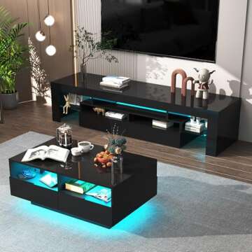 SUSSURRO LED Coffee Table with 4 Storage Sliding Drawers, High Glossy Modern Center Table with 20 Colors LED Lights for Living Room Bedroom,(Style-2 Black)