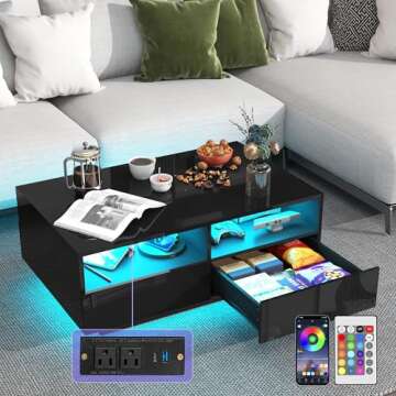 SUSSURRO LED Coffee Table with 4 Storage Sliding Drawers, High Glossy Modern Center Table with 20 Colors LED Lights for Living Room Bedroom,(Style-2 Black)
