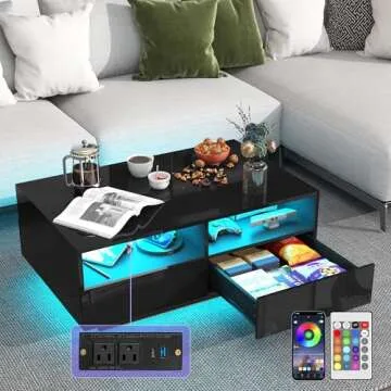 SUSSURRO LED Coffee Table with 4 Storage Sliding Drawers, High Glossy Modern Center Table with 20 Colors LED Lights for Living Room Bedroom,(Style-2 Black)