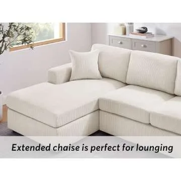 VANOMi 118'' U Shaped Sectional Sofa Couch, Corduroy Fabric Modern Cozy Jumbo Size 6-Seater Sofa, Double Chaise Longue, Beige