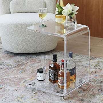 ONELUX Mobile C Shaped End Table,Acrylic Sofa Side Table, Snack Table On Wheels,Clear Rolling Table