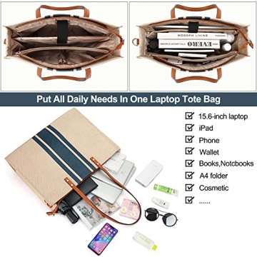 Laptop Tote Bag for Women, Fits 15.6 Inch Laptop Bag, Large Canvas Work Tote Bags for Women, Computer Briefcase Shoulder Bag, Casual Beach Bag, Ideal for Travel/Daily Use/Birthday Gift