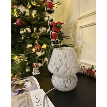 ONEWISH Mushroom Lamp Small Bedside Table Lamp-Nightstand Nightlight Dimmable Stepless, Translucent Glass White Desk Lamp for Bedroom Dorm Living Kitchen, Murano Style Aesthetic Cute Home Decor