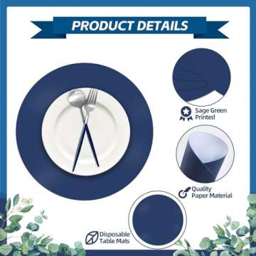 50 Pieces Navy Blue Paper Place Mats Blue Round Disposable Table Mats Decorative Placemats for Wedding Bridal Shower Navy Blue Birthday Party Dining Decor
