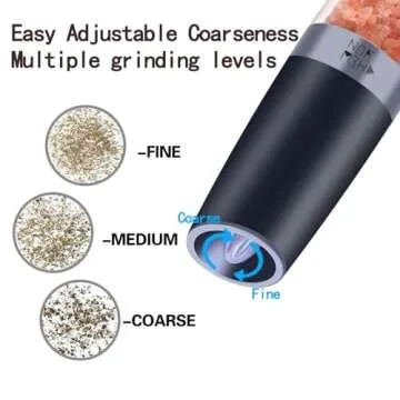 Gravity Salt and Pepper Grinder with Adjustable Coarseness Automatic Pepper and Salt Mill Battery Powered with Blue LED Light,One Hand Operated,Brushed Stainless Steel by CHEW FUN