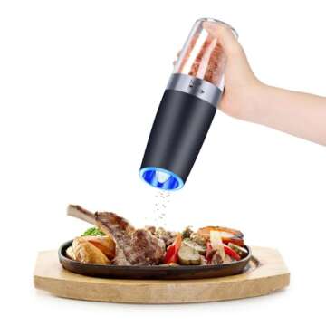 Gravity Salt and Pepper Grinder with Adjustable Coarseness Automatic Pepper and Salt Mill Battery Powered with Blue LED Light,One Hand Operated,Brushed Stainless Steel by CHEW FUN