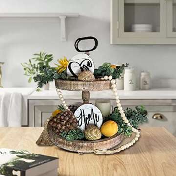 DECORIO Beautiful Farmhouse Slightly Distressed Two Tier Brown Wood Decorative Tray - Tiered Tray Stand - Two Tier Tray Tiered Tray Decor - Tiered Tray Large - 2 Tier Tray - Valentine Decor 17"