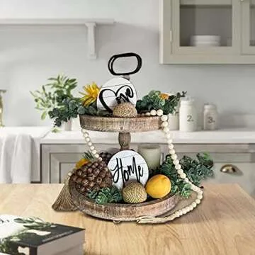 DECORIO Beautiful Farmhouse Slightly Distressed Two Tier Brown Wood Decorative Tray - Tiered Tray Stand - Two Tier Tray Tiered Tray Decor - Tiered Tray Large - 2 Tier Tray - Valentine Decor 17"