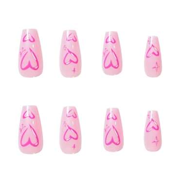 DANMANR Long Press on Nails Square French Fake Nails Full Cover Nude Acrylic False Nails for Women and Girls 24PCS (Pink Coffin)