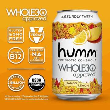 Humm Whole30 Approved Kombucha Variety Pack, Mango Lemon, Mixed Berry, Strawberry Blossom, Organic, Vegan & GMO Free (12 Pack)