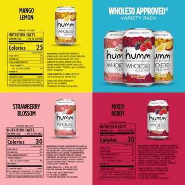 Humm Whole30 Approved Kombucha Variety Pack, Mango Lemon, Mixed Berry, Strawberry Blossom, Organic, Vegan & GMO Free (12 Pack)